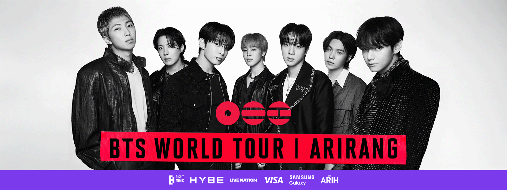 BTS World Tour Arirang — foto oficial dos sete integrantes do BTS com o nome da turnê